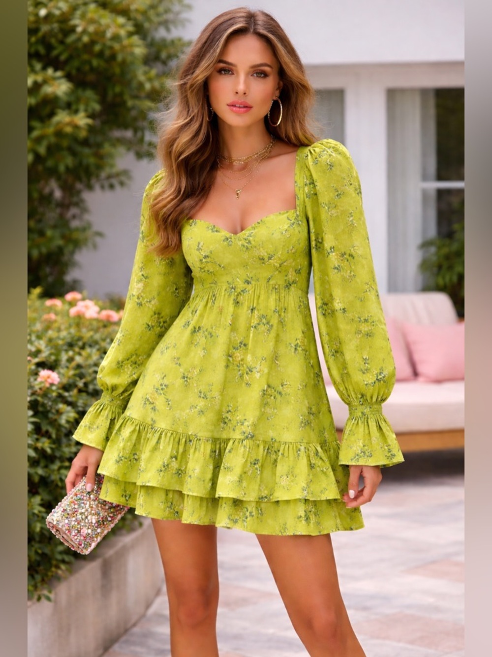 Alice + Olivia Floral Mini Dress S Yellow Green Puff Sleeve Sundress